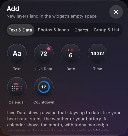 Add tray, with Text & Data selected and the Live Data tile next to Text