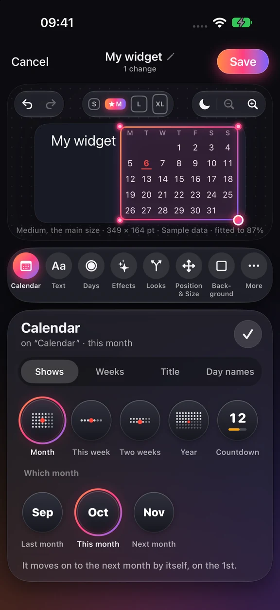 Widget Ninja's visual editor showing a selected month calendar, size controls and the Calendar tools