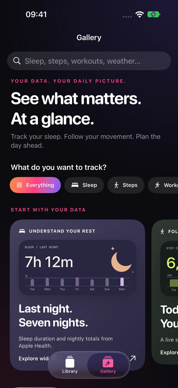 The app's Gallery with tracking filters and the editable Sleep Well design