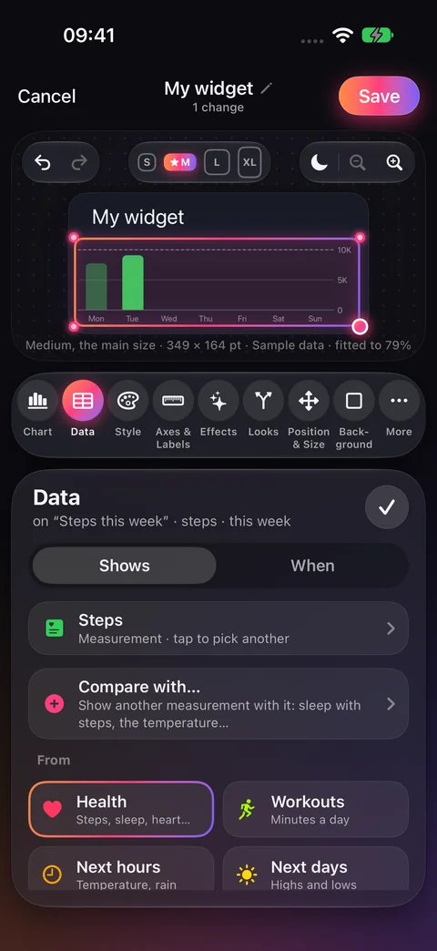 Chart Data tools showing the Steps measurement, Compare with, and source choices
