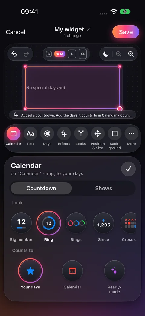 Countdown controls with Ring selected and Your days, Calendar and Ready-made sources