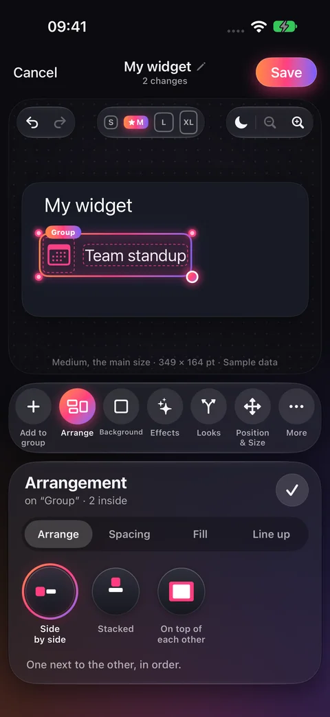 Group containing a Calendar icon and Team standup text with Arrangement controls