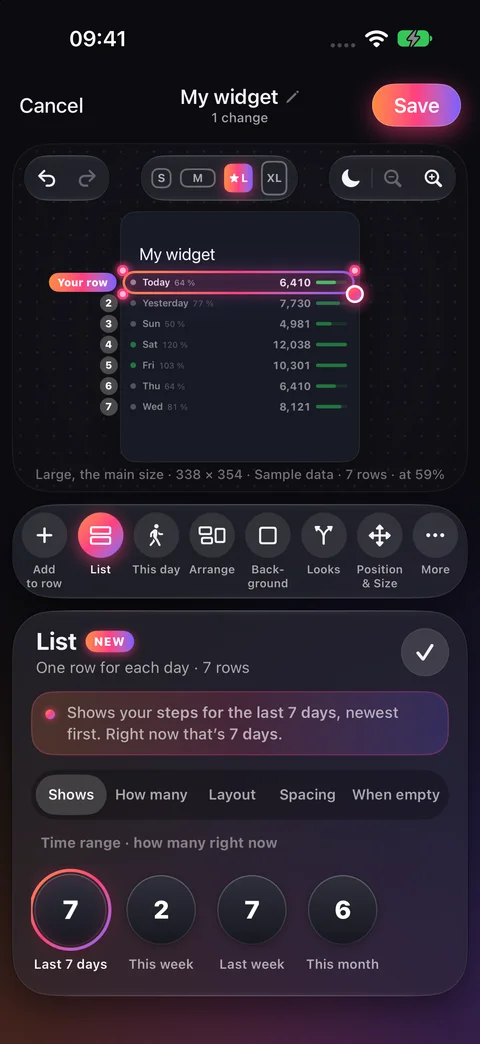 Seven sample daily step counts, with Your row on the first day and List Shows set to Last 7 days