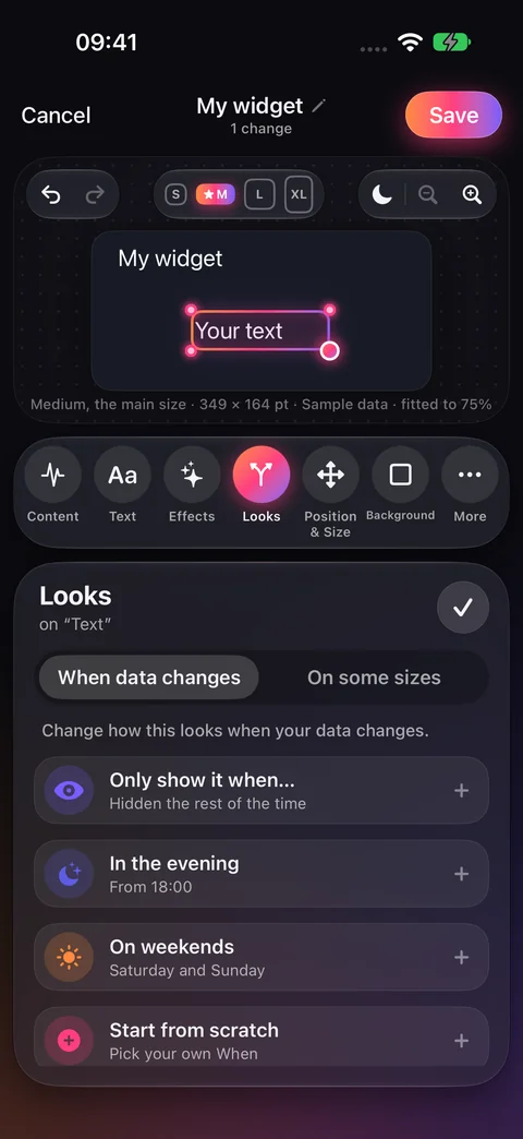 Looks controls offering conditional visibility, evening, weekend and a custom starting point
