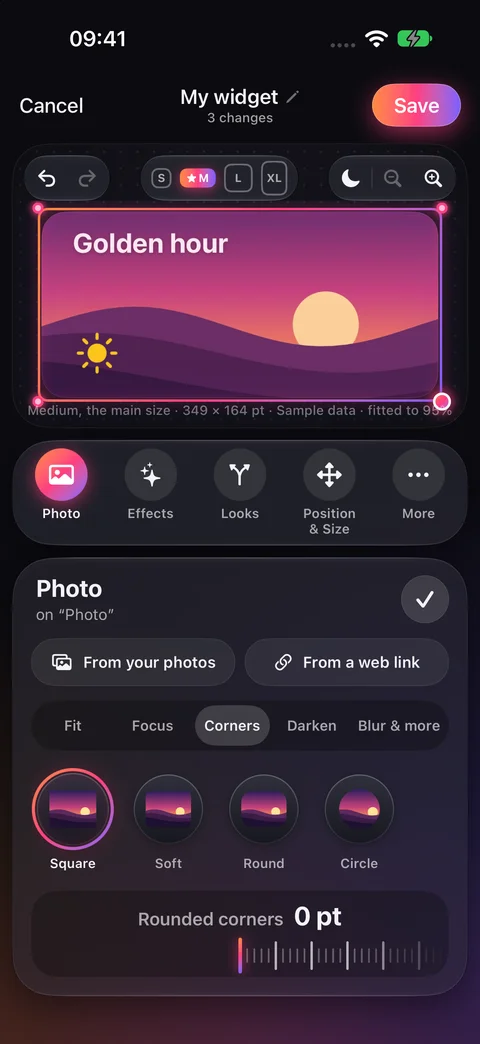 Photo selected, Photo toolbar button highlighted, Corners panel showing Square, Soft, Round, Circle and the Rounded corners ruler