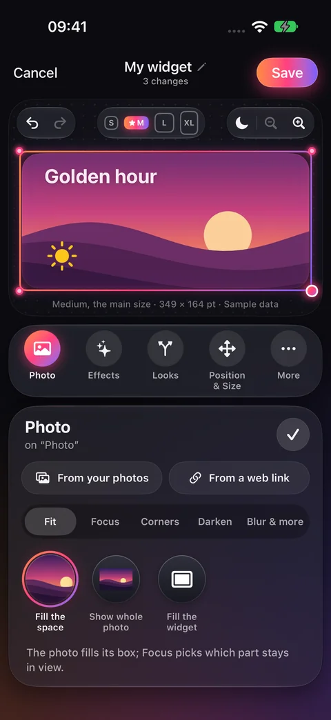 Selected photo with the Photo panel open on Fit and its neighboring Focus and Corners buttons