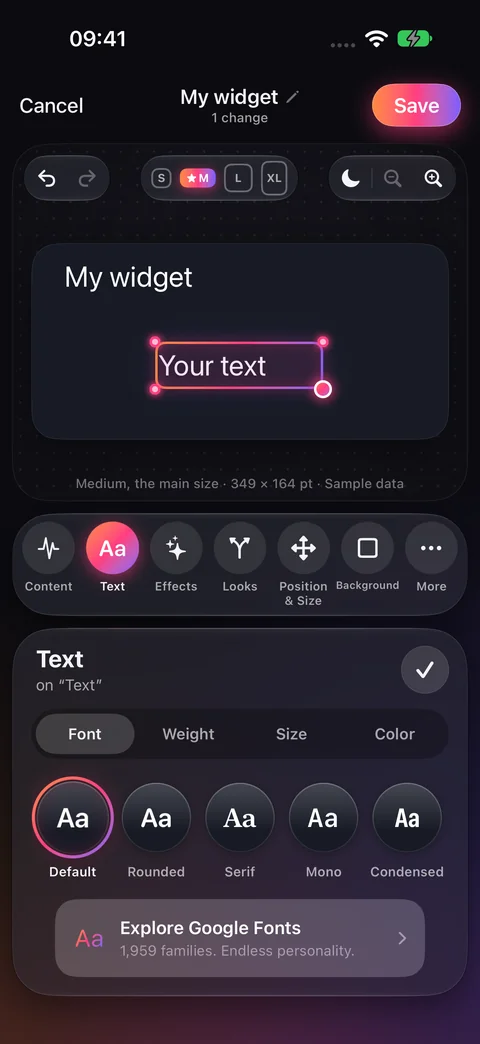 Text tools showing Font, Weight, Size and Color, with built-in font styles