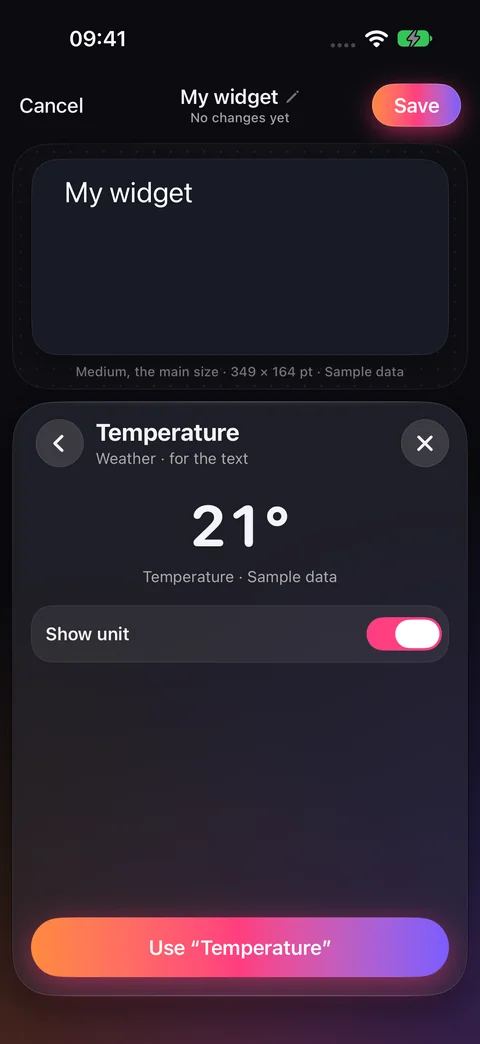 Temperature picker with sample value 21 degrees, Show unit, and Use Temperature