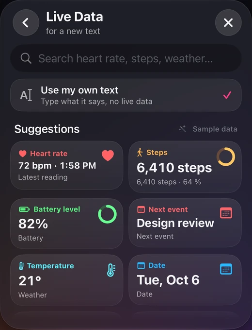 Live Data picker with a search field and suggestions for heart rate, steps, battery, next event, temperature and date