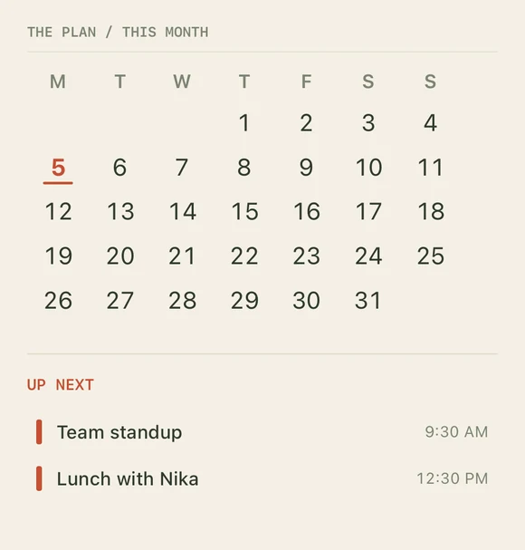 Sunday Planner gallery design with a month calendar and upcoming events