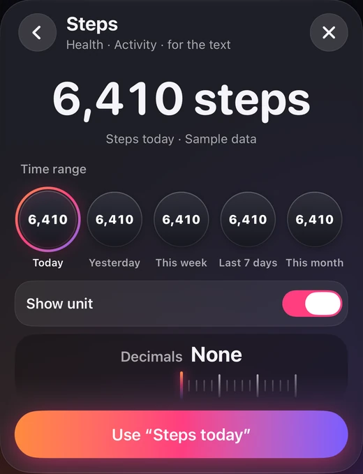 Steps options with Today selected, Show unit enabled, and the Use Steps today button